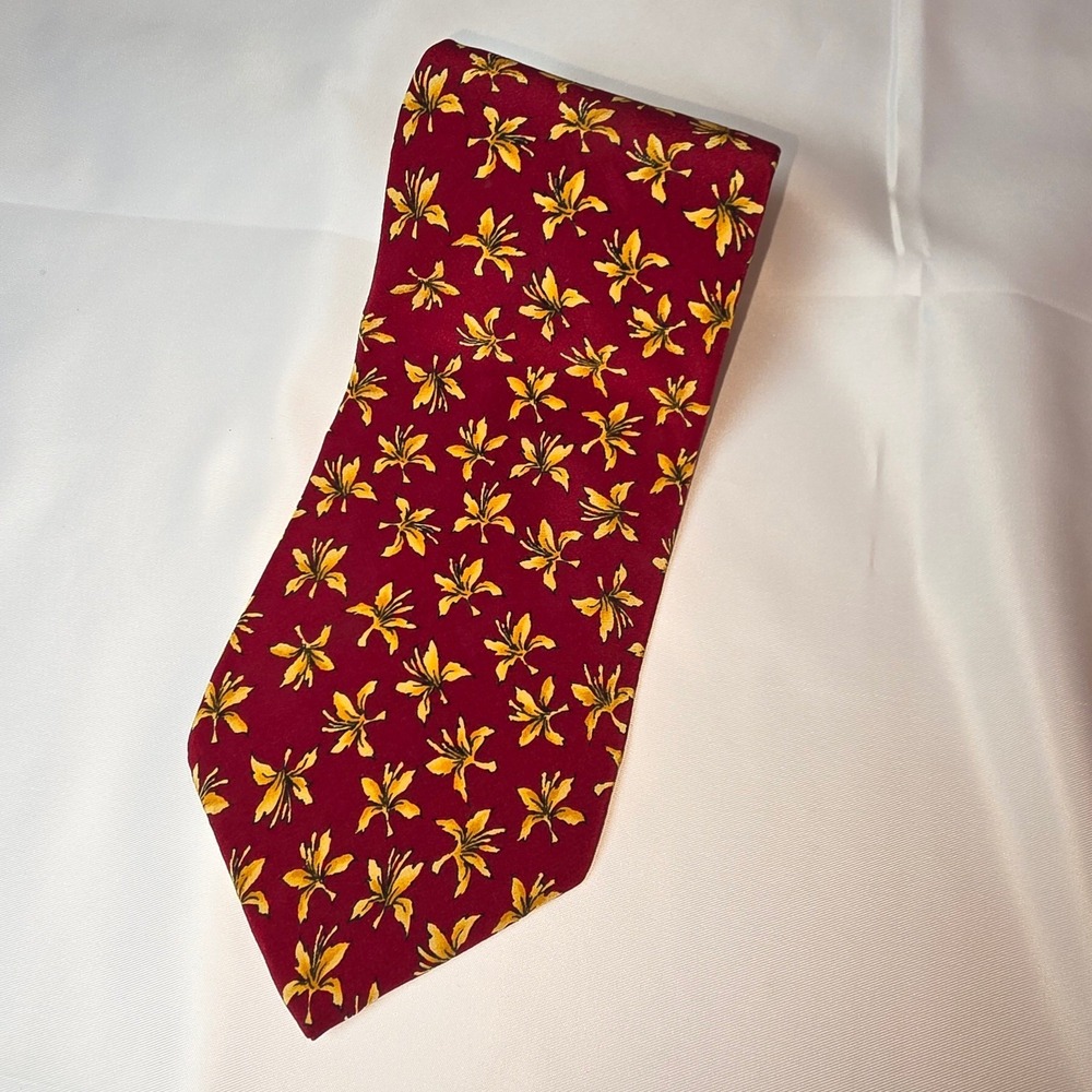 J Garcia Mens Silk Necktie Burgundy Yellow Lily Floral Stonehenge Made in USA